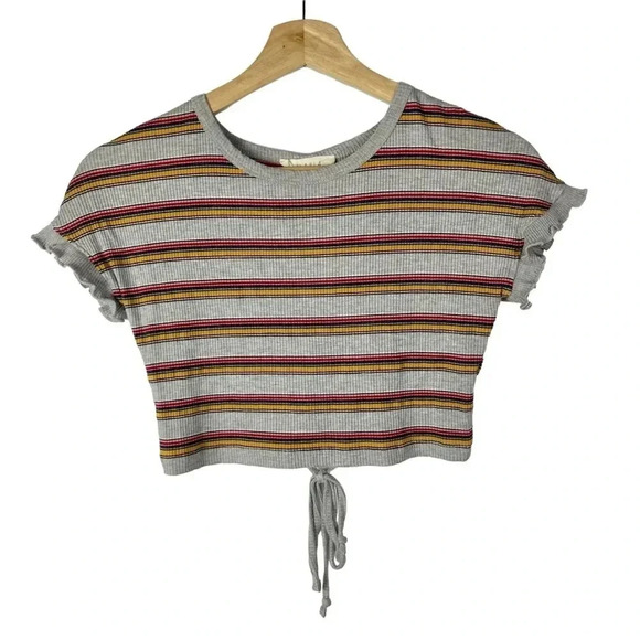 Illa Illa Gray Colorful Stripe Ribbed Open Back Crop Short Sleeve M - Picture 1 of 4